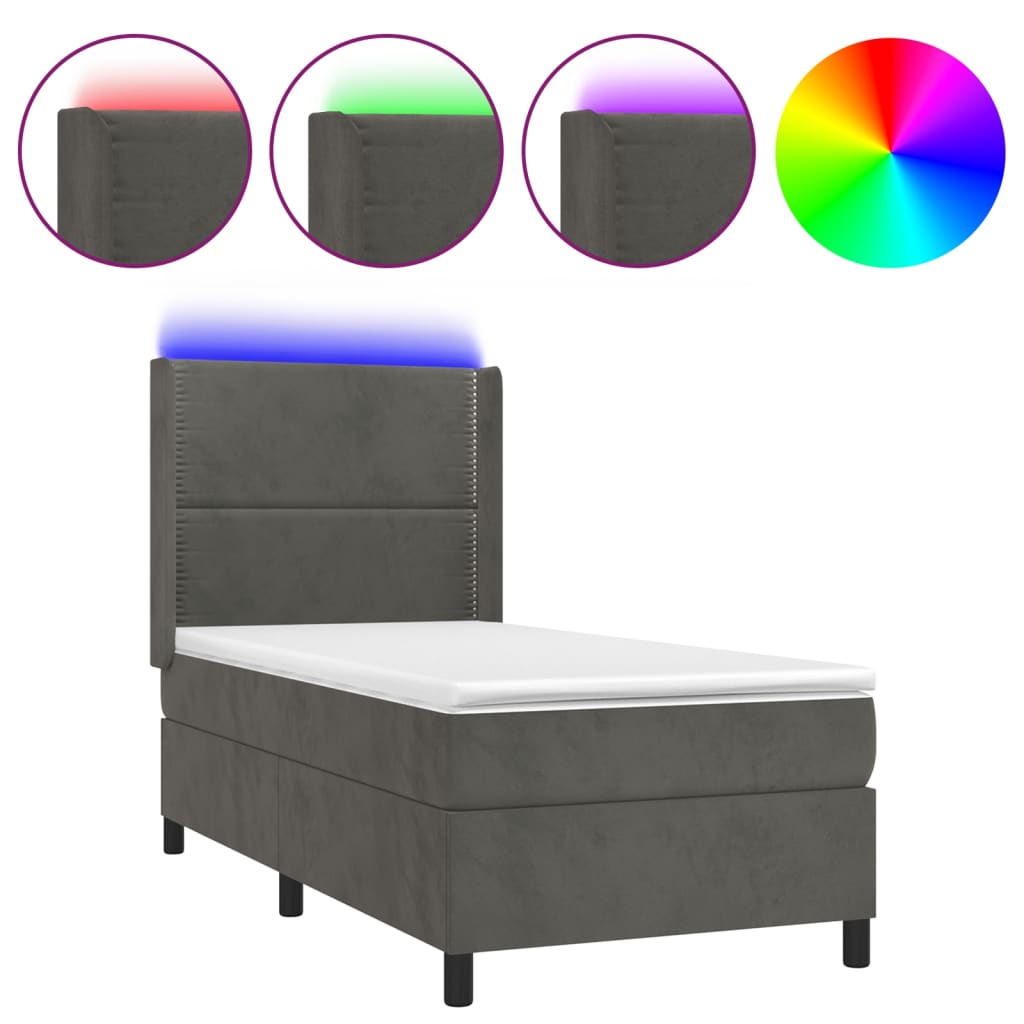 Letto a Molle con Materasso e LED-Struttura Letto con Materasso Grigio Scuro 90x200cm Velluto 971504