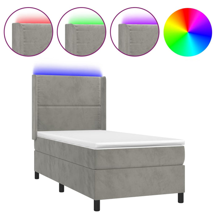 Letto a Molle Materasso e LED Grigio Chiaro 100x200 cm Velluto 3139487