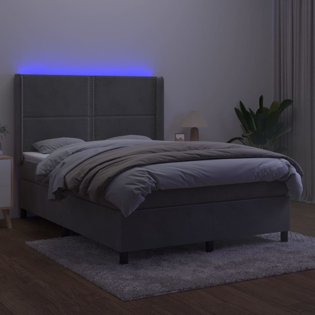 Letto a Molle Materasso e LED Grigio Chiaro 140x190 cm Velluto 3139499
