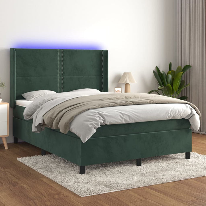 Letto a Molle con Materasso e LED Verde Scuro 140x200cm Velluto 3139508
