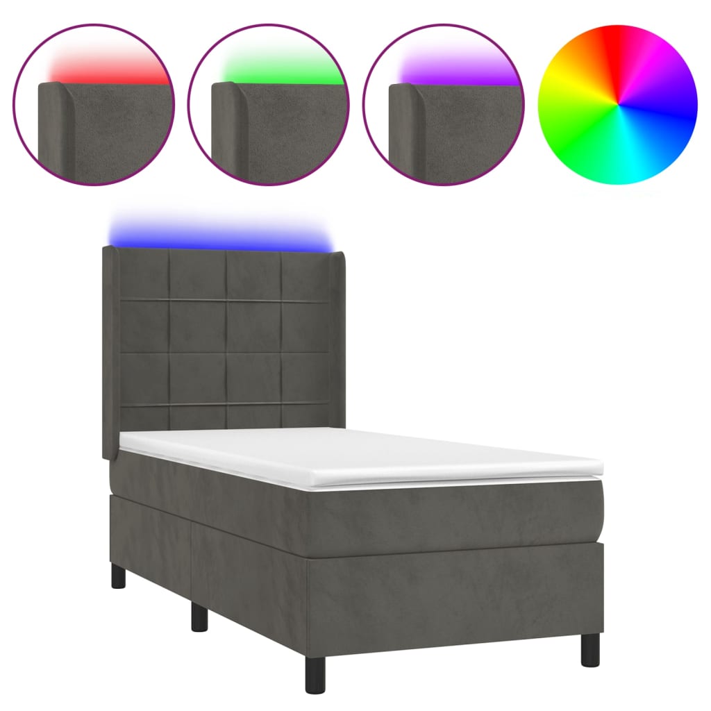 Letto a Molle con Materasso e LED Grigio Scuro 80x200cm Velluto 3139530