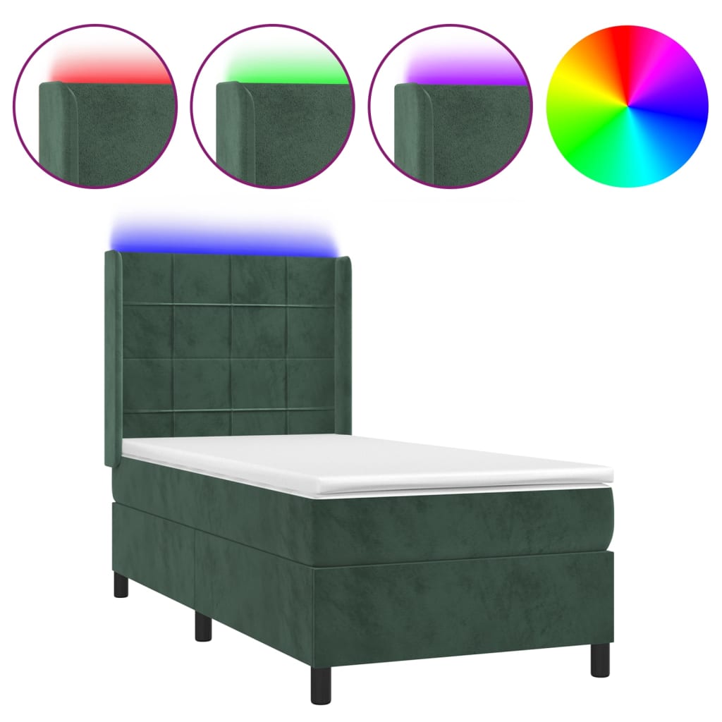 Letto a Molle con Materasso e LED Verde Scuro 90x190 cm Velluto 3139538
