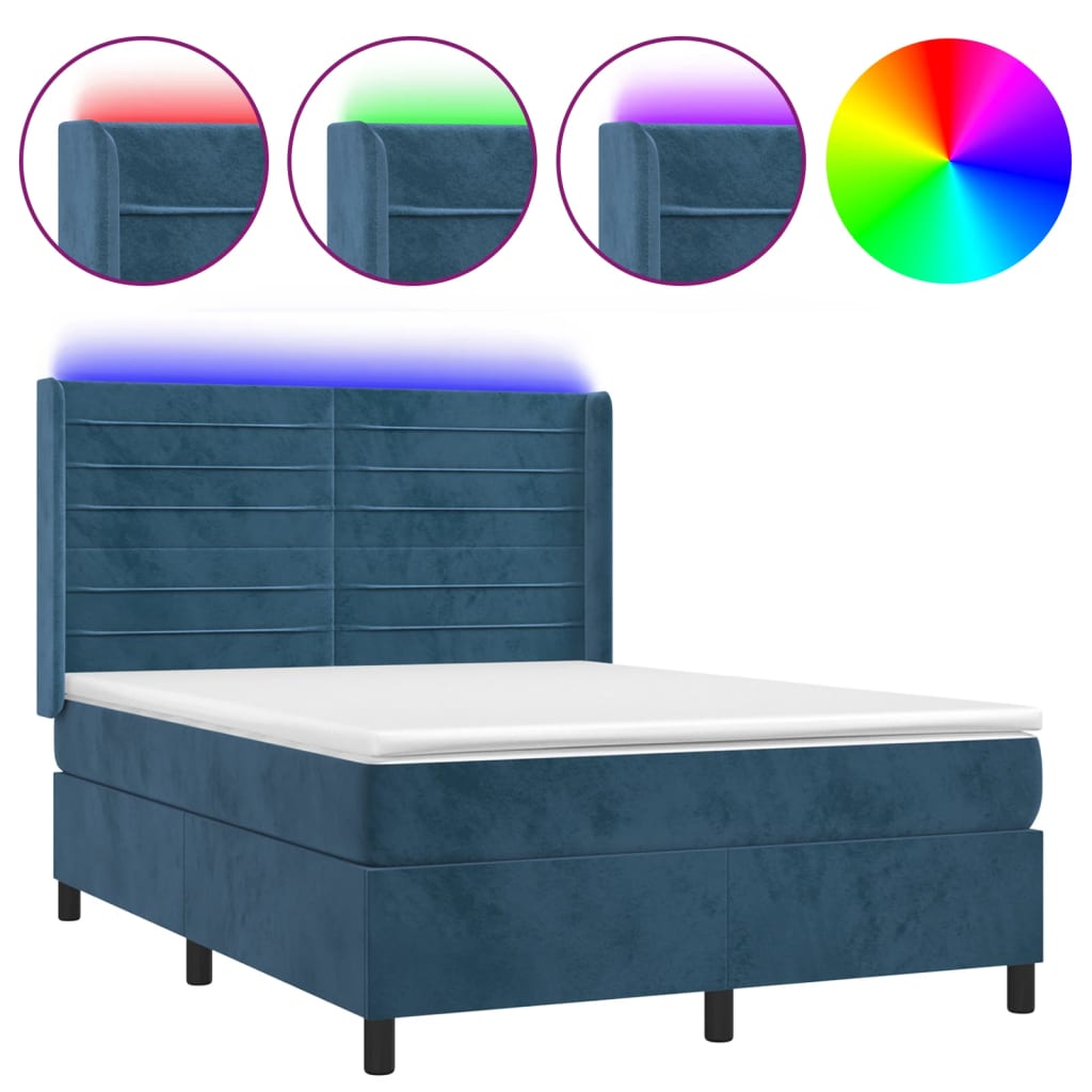 Letto a Molle con Materasso e LED Blu Scuro 140x190 cm 3139623