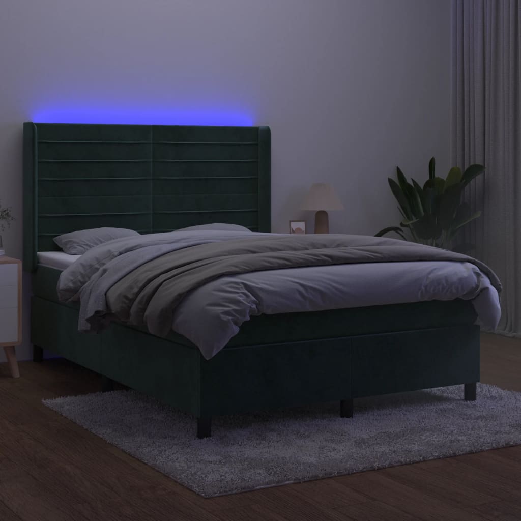 Letto a Molle con Materasso e LED Verde Scuro 140x200cm Velluto 3139628