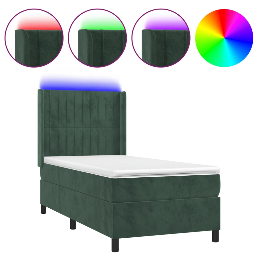 Letto a Molle con Materasso e LED Verde Scuro 80x200cm Velluto 3139652