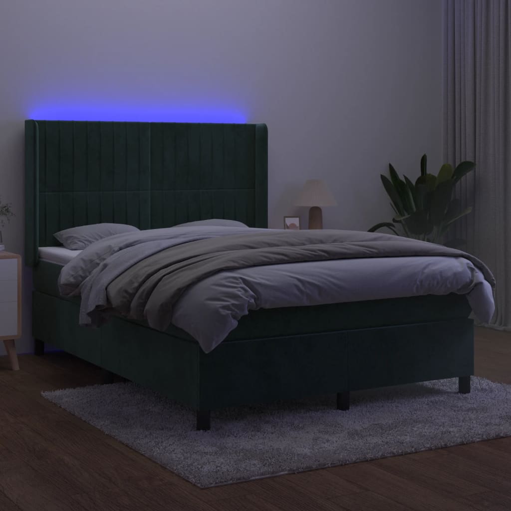 Letto a Molle con Materasso e LED Verde Scuro 140x190cm Velluto 3139682
