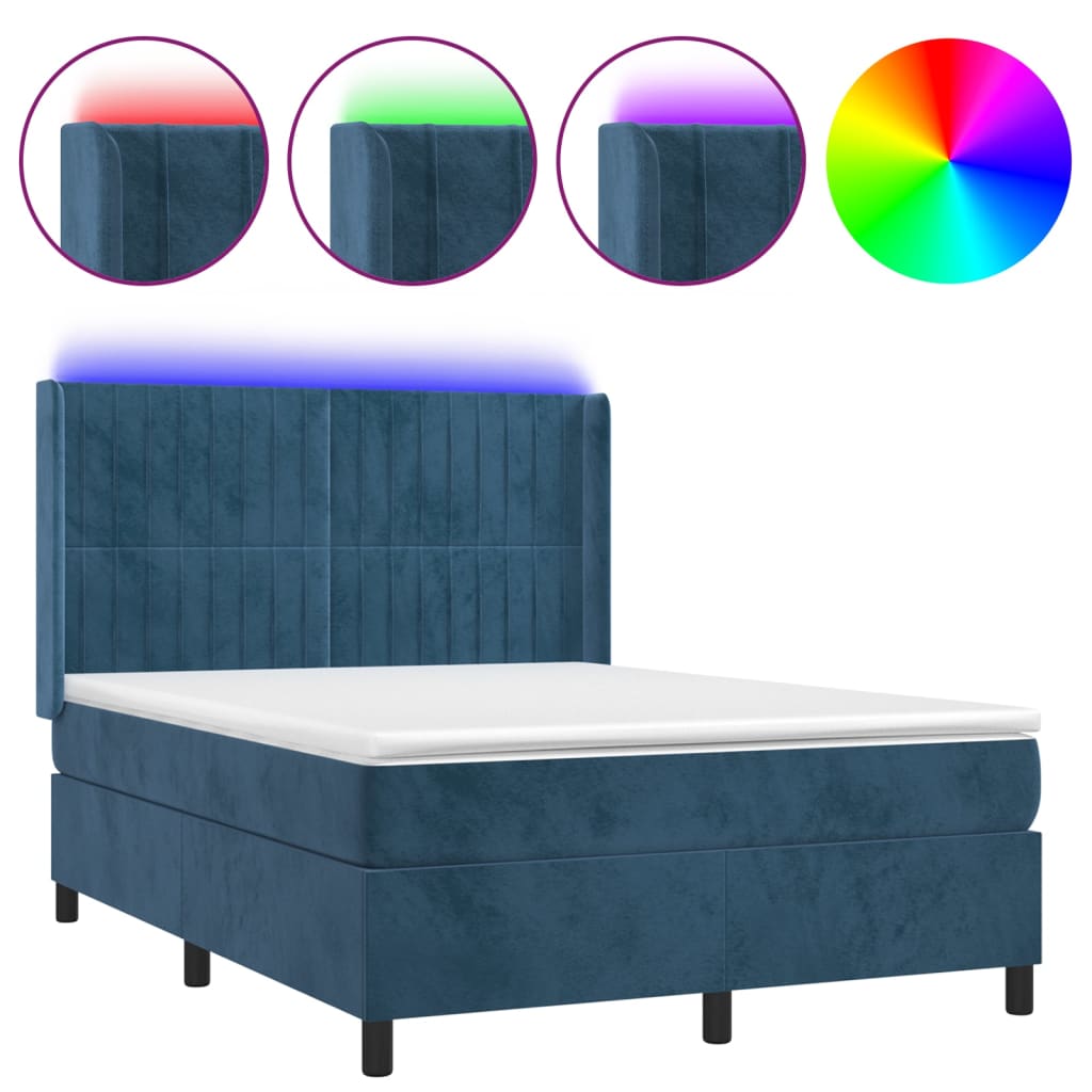 Letto a Molle con Materasso e LED Blu Scuro 140x200 cm 3139689