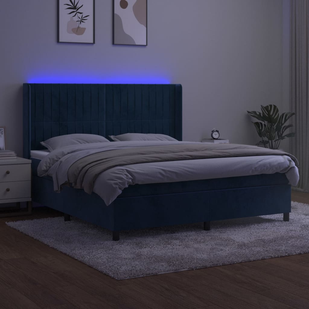 Letto a Molle con Materasso e LED Blu Scuro 160x200 cm 3139695