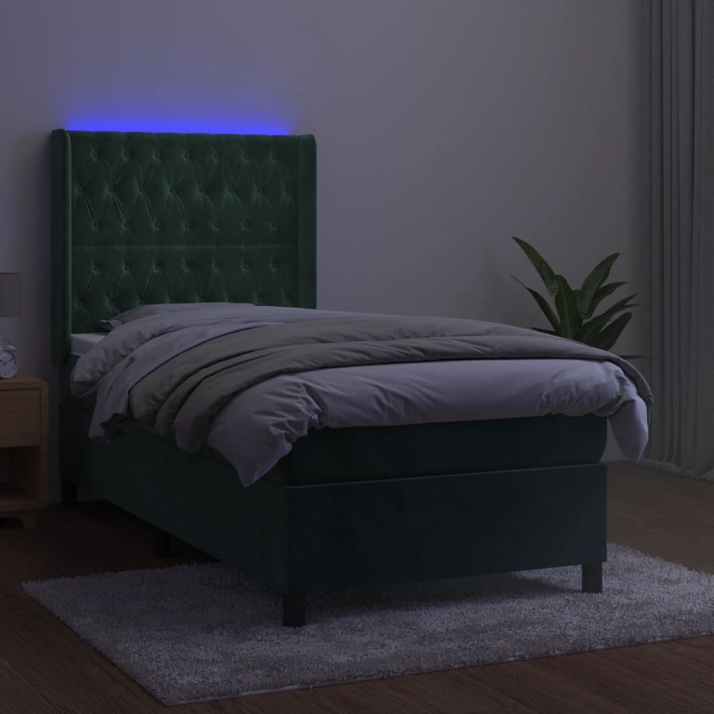 Letto a Molle con Materasso e LED Verde Scuro 90x200cm Velluto 3139724