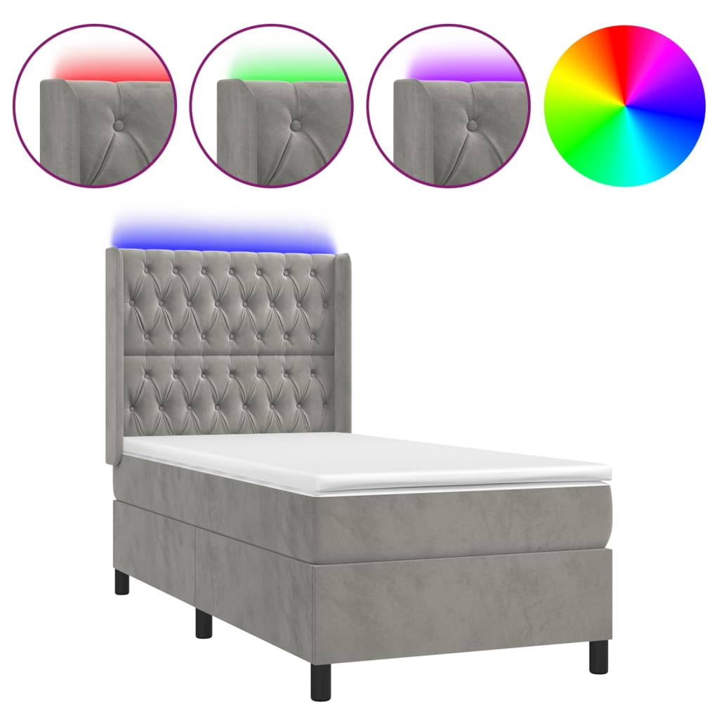 Letto a Molle Materasso e LED Grigio Chiaro 100x200 cm Velluto 3139727