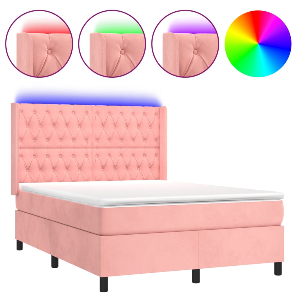 Letto a Molle con Materasso e LED Rosa 140x190 cm in Velluto 3139744