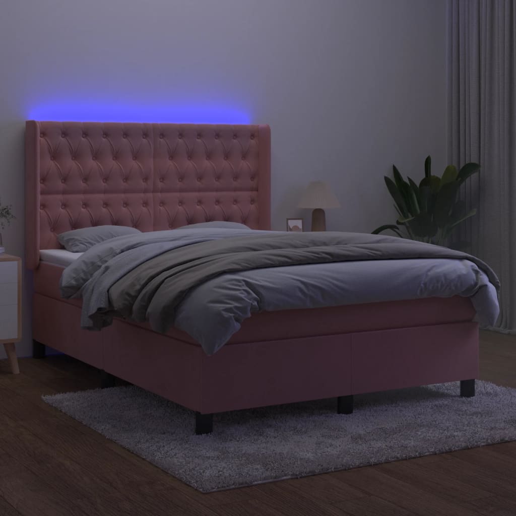Letto a Molle con Materasso e LED Rosa 140x190 cm in Velluto 3139744