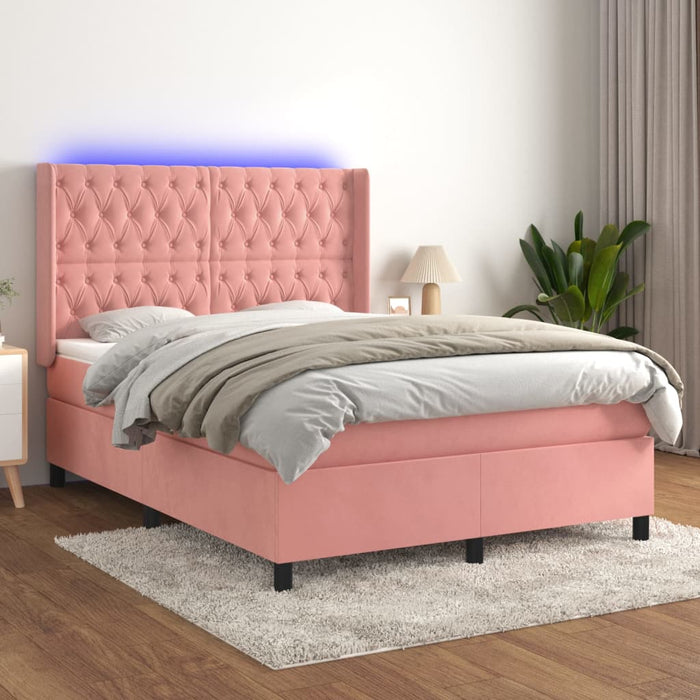 Letto a Molle con Materasso e LED Rosa 140x190 cm in Velluto 3139744
