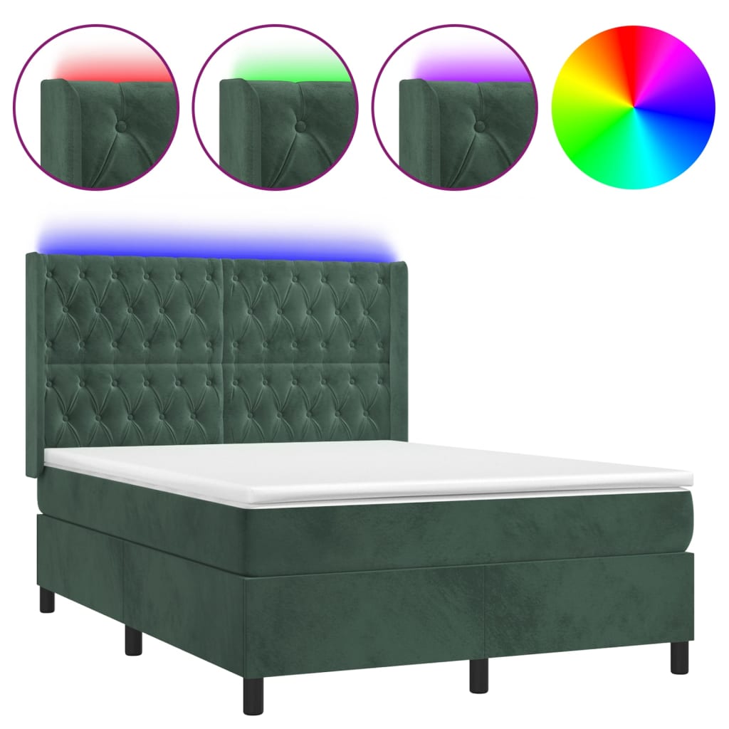 Letto a Molle con Materasso e LED Verde Scuro 140x200cm Vellutocod mxl 75477
