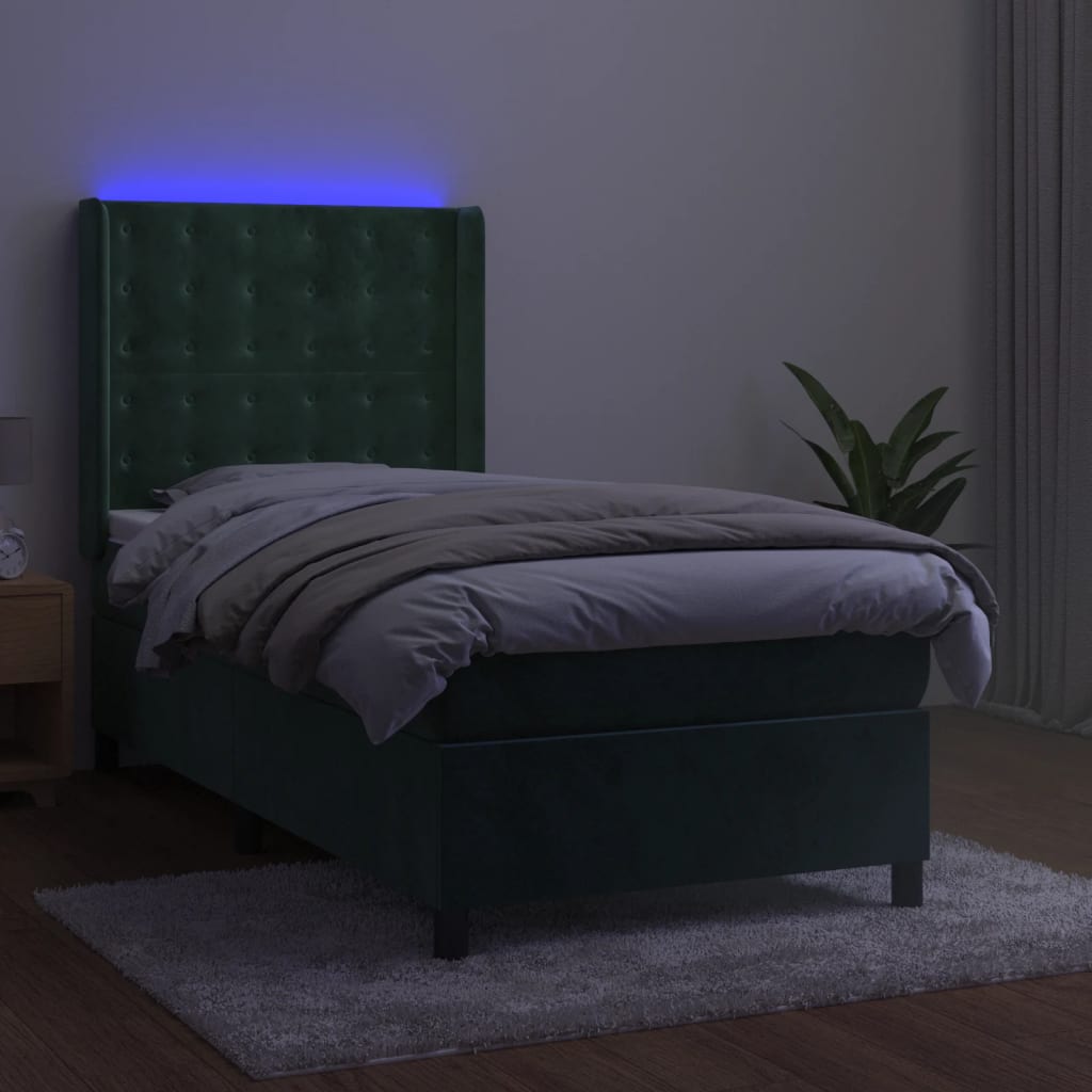 Letto a Molle con Materasso e LED Verde Scuro 90x200cm Velluto 3139784