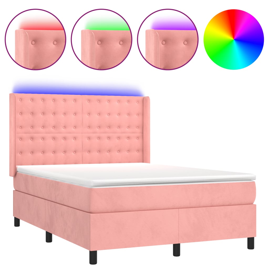 Letto a Molle con Materasso e LED Rosa 140x190 cm in Velluto 3139804