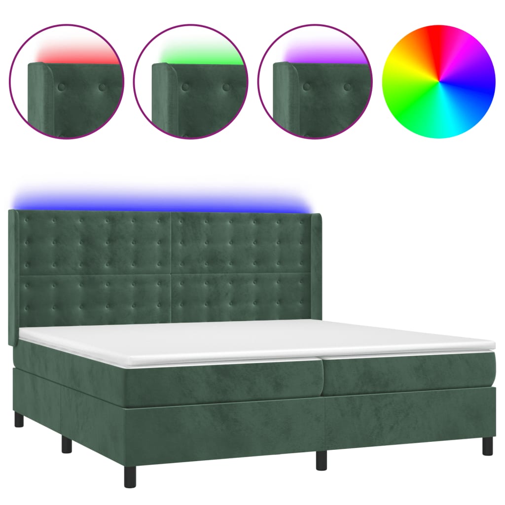 Letto a Molle con Materasso e LED Verde Scuro 200x200cm Velluto 3139826