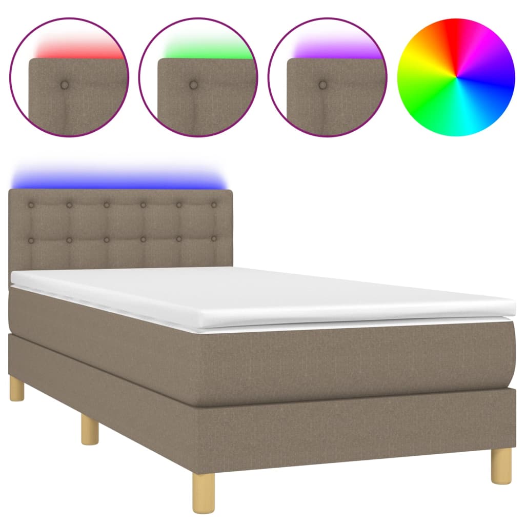 Letto a Molle con Materasso e LED Tortora 100x200cm in Tessuto 3134017