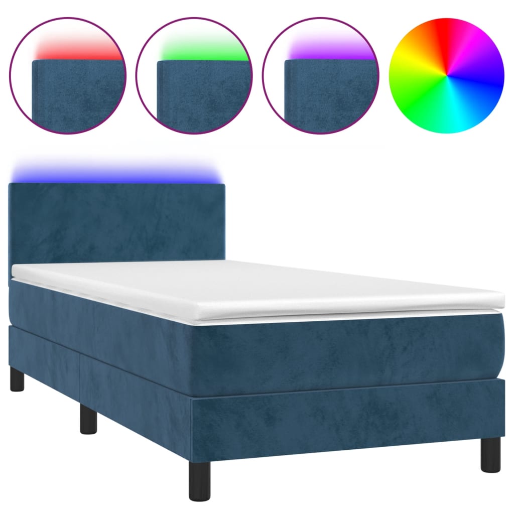 Letto a Molle con Materasso e LED Blu Scuro 90x200cm in Velluto 3134265