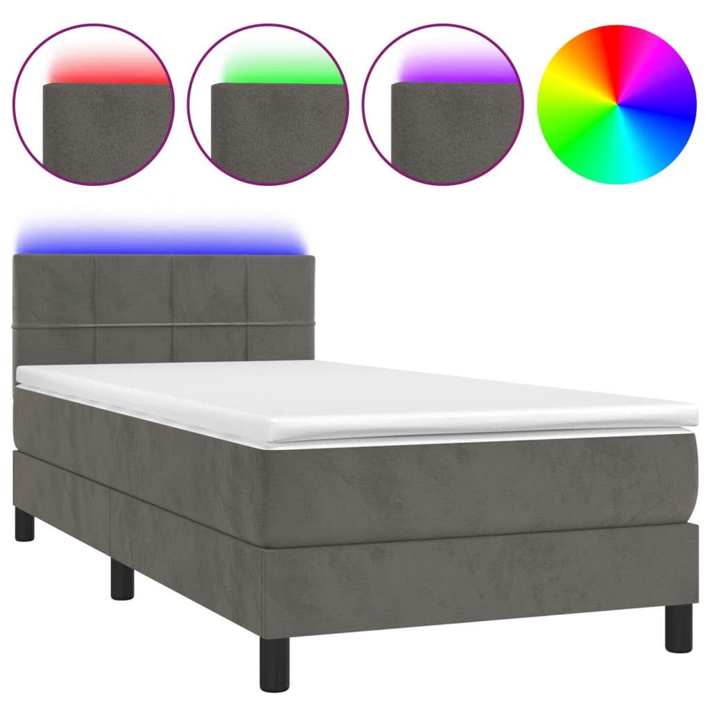 Letto a Molle con Materasso e LED Grigio Scuro 90x190cm Velluto 3134376