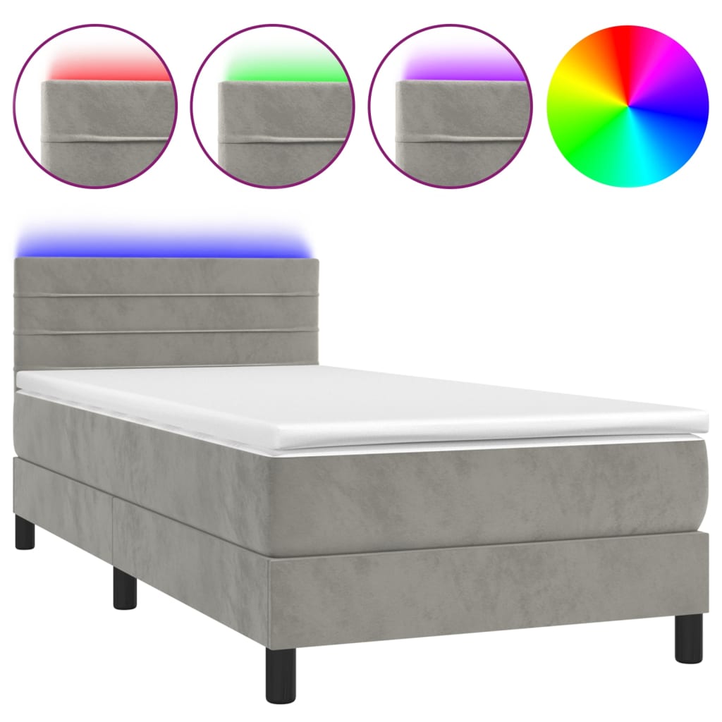 Letto a Molle Materasso e LED Grigio Chiaro 90x190 cm Vellutocod mxl 98909