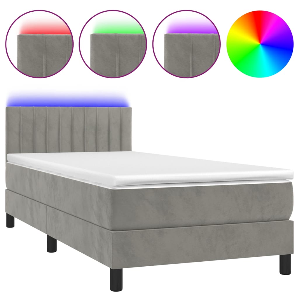Letto a Molle Materasso e LED Grigio Chiaro 90x190 cm Vellutocod mxl 74917