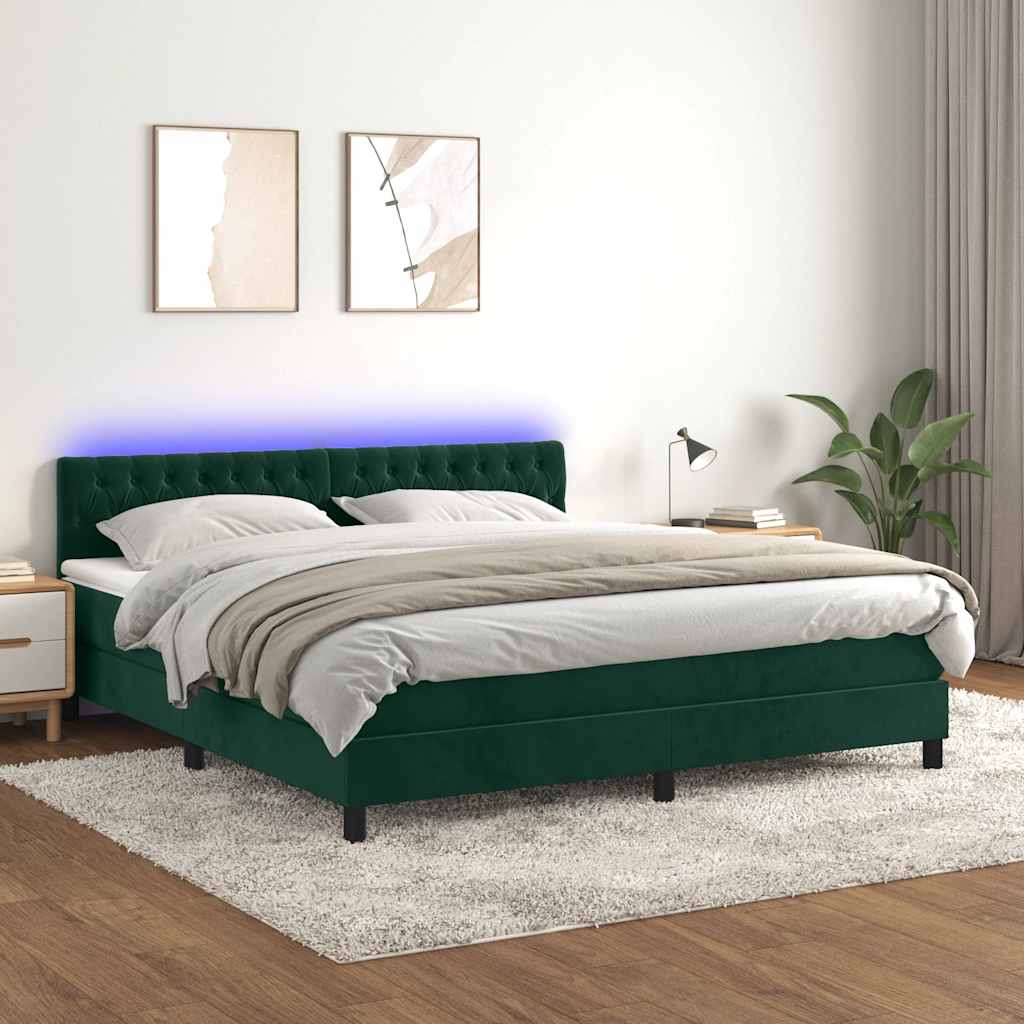 Letto a Molle con Materasso e LED Verde Scuro 160x200cm Velluto 3134594