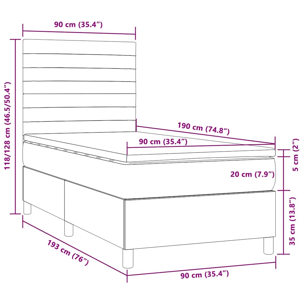 Letto a Molle con Materasso e LED Tortora 90x190 cm in Tessuto 3134921