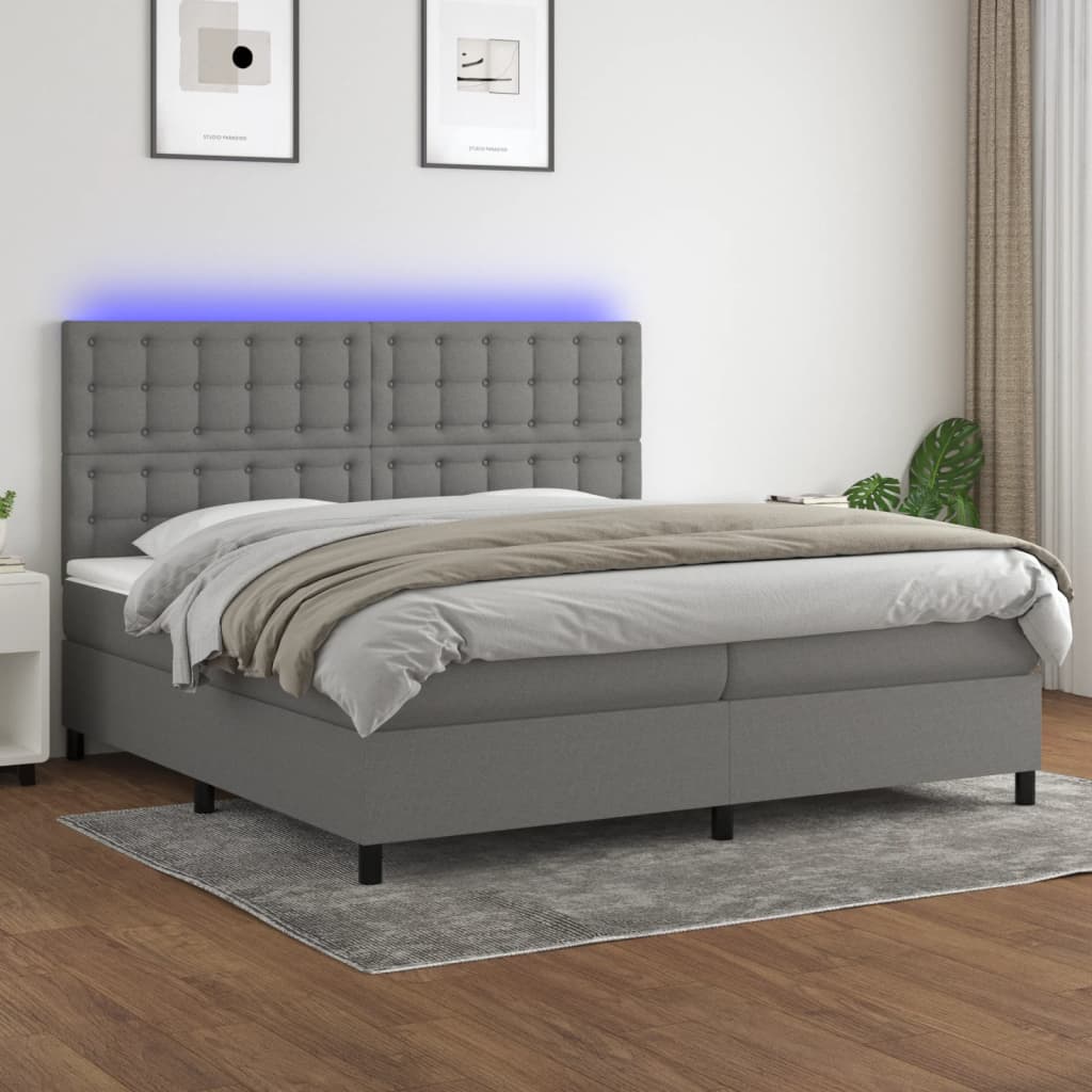 Letto a Molle Materasso e LED Grigio Scuro 200x200cm in Tessuto 3135222