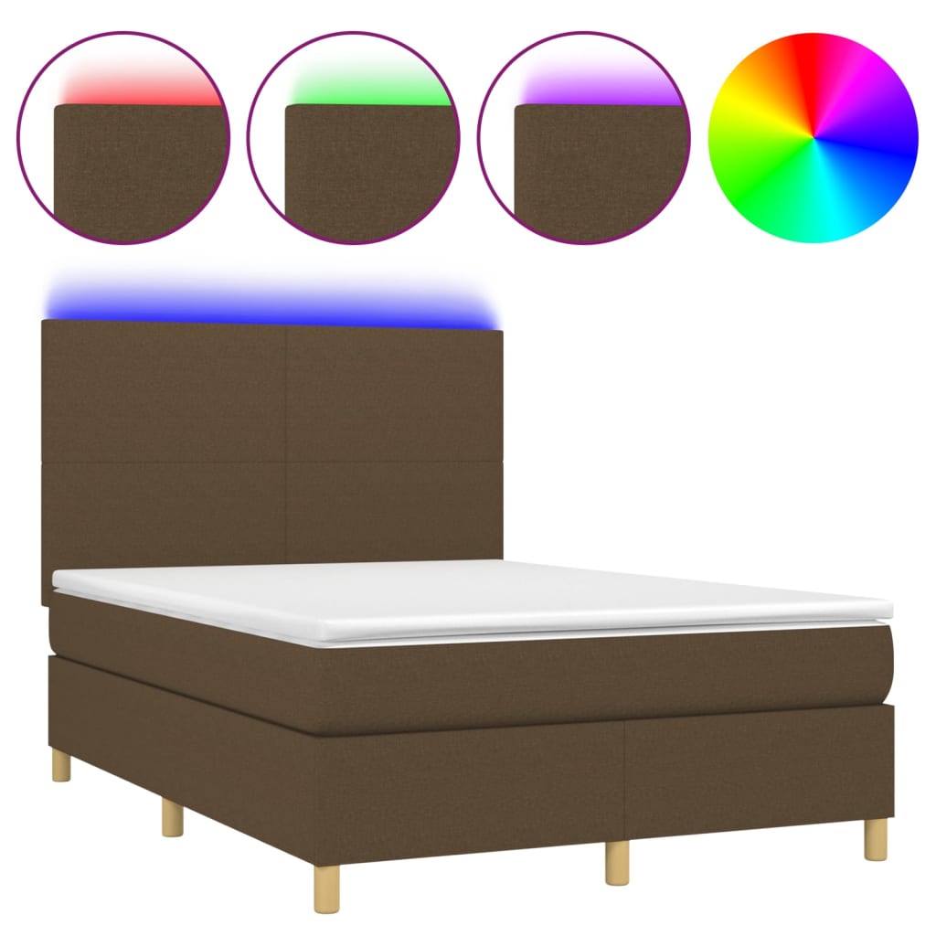 Letto a Molle Materasso e LED Marrone Scuro 140x200 cm Tessuto 3135280