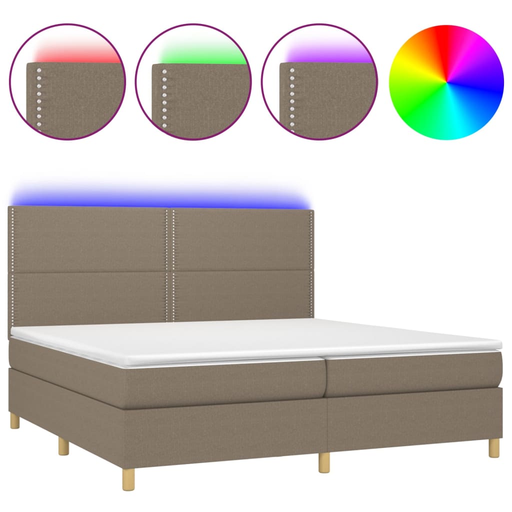 Letto a Molle Materasso e LED tortora 200x200cm in Tessuto 3135385