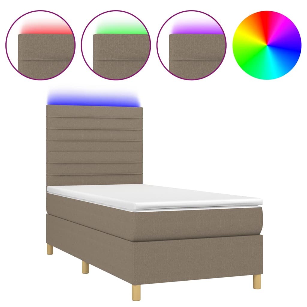 Letto a Molle con Materasso e LED Tortora 100x200cm in Tessuto 3135497