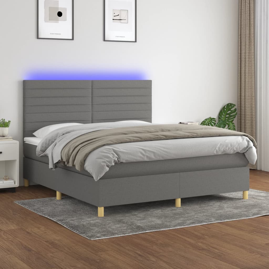 Letto a Molle Materasso e LED Grigio Scuro 160x200cm in Tessuto 3135526