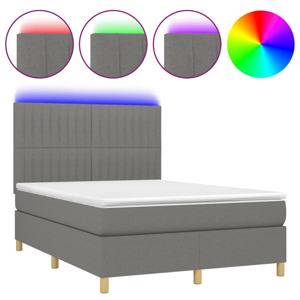 Letto a Molle Materasso e LED Grigio Scuro 140x200cm in Tessuto 3135598