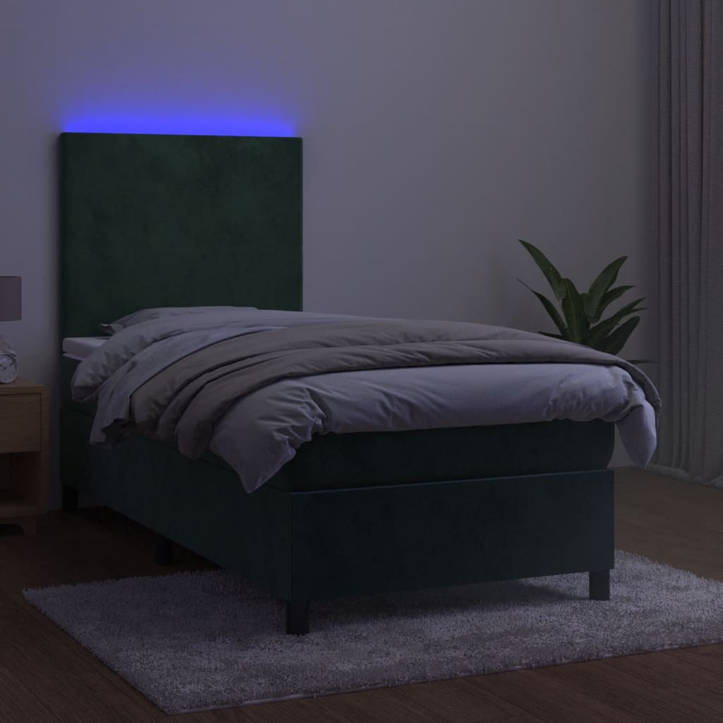 Letto a Molle con Materasso e LED Verde Scuro 80x200cm Velluto