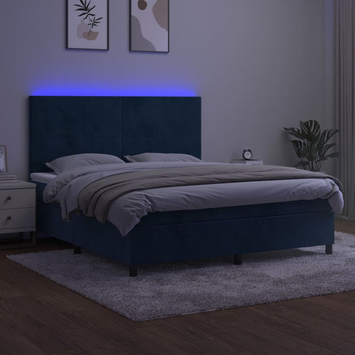 Letto a Molle con Materasso e LED Blu Scuro 160x200 cm