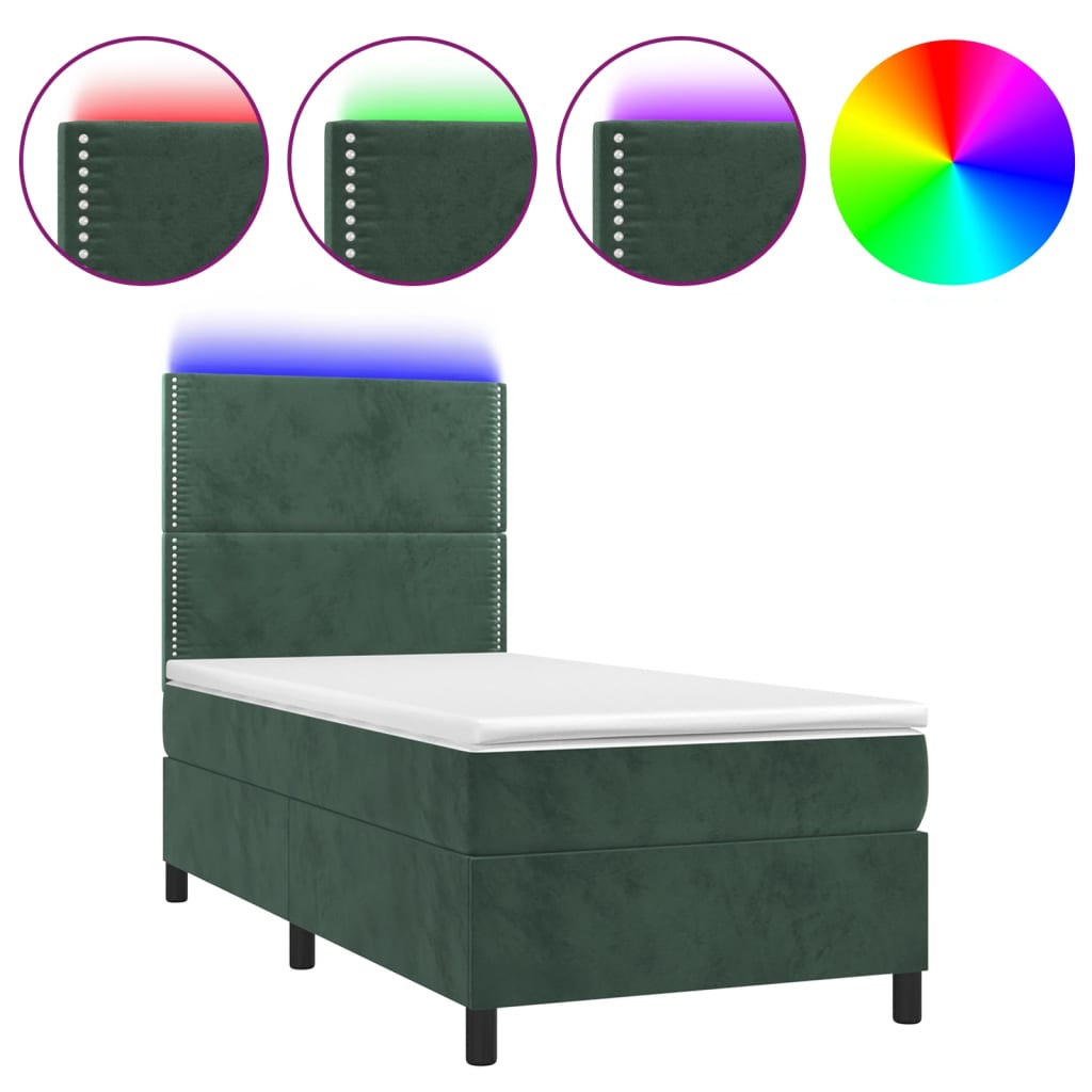 Letto a Molle con Materasso e LED Verde Scuro 90x190 cm Velluto 3136038