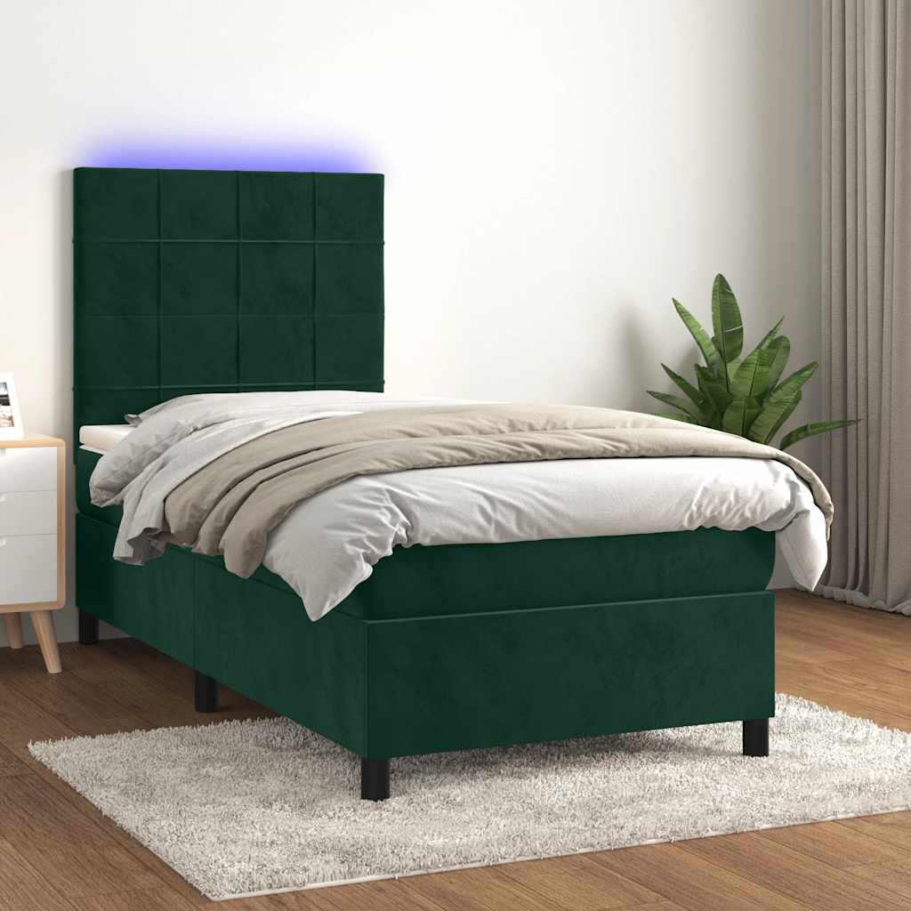 Letto a Molle con Materasso e LED Verde Scuro 90x190 cm Velluto 3136098