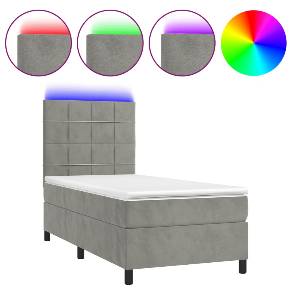 Letto a Molle Materasso e LED Grigio Chiaro 90x200 cm Velluto 3136101