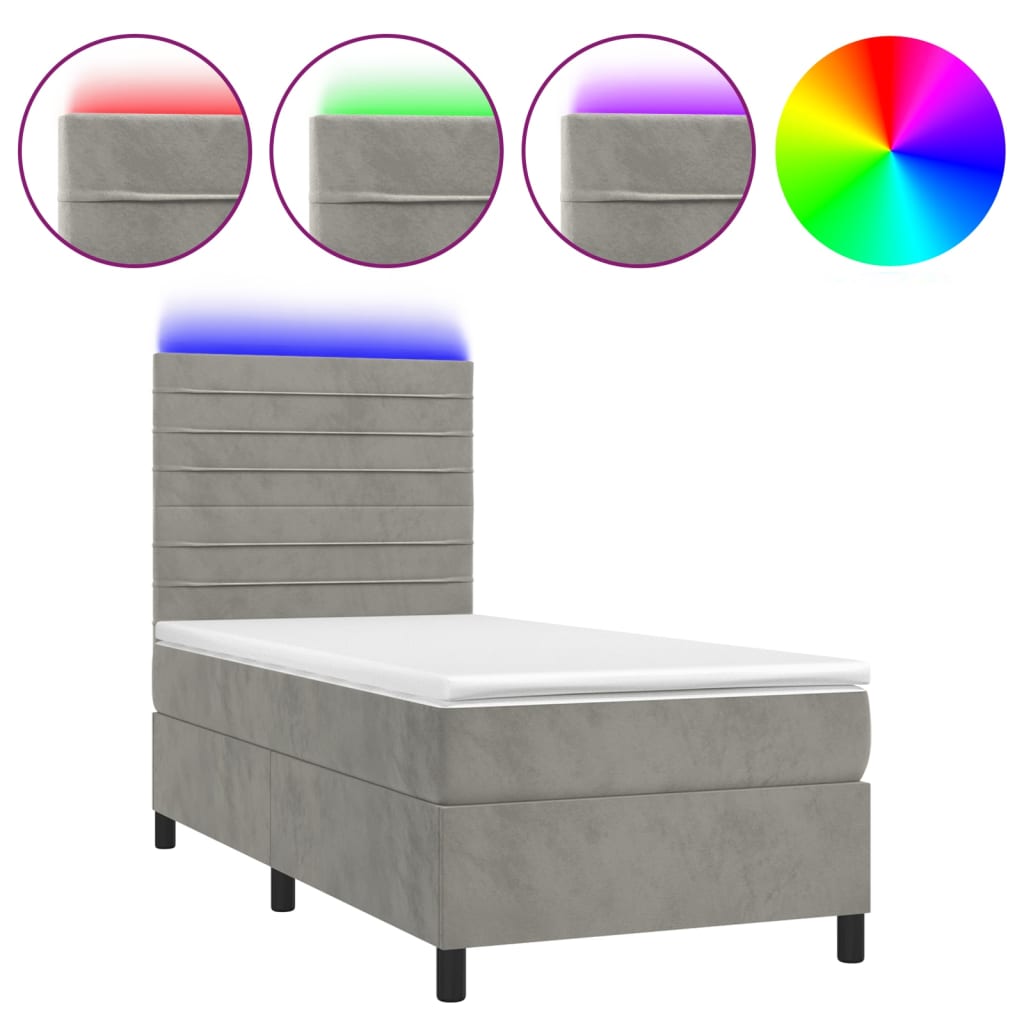 Letto a Molle Materasso e LED Grigio Chiaro 90x190 cm Velluto 3136155