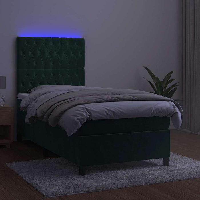 Letto a Molle con Materasso e LED Verde Scuro 90x190 cm Velluto 3136278