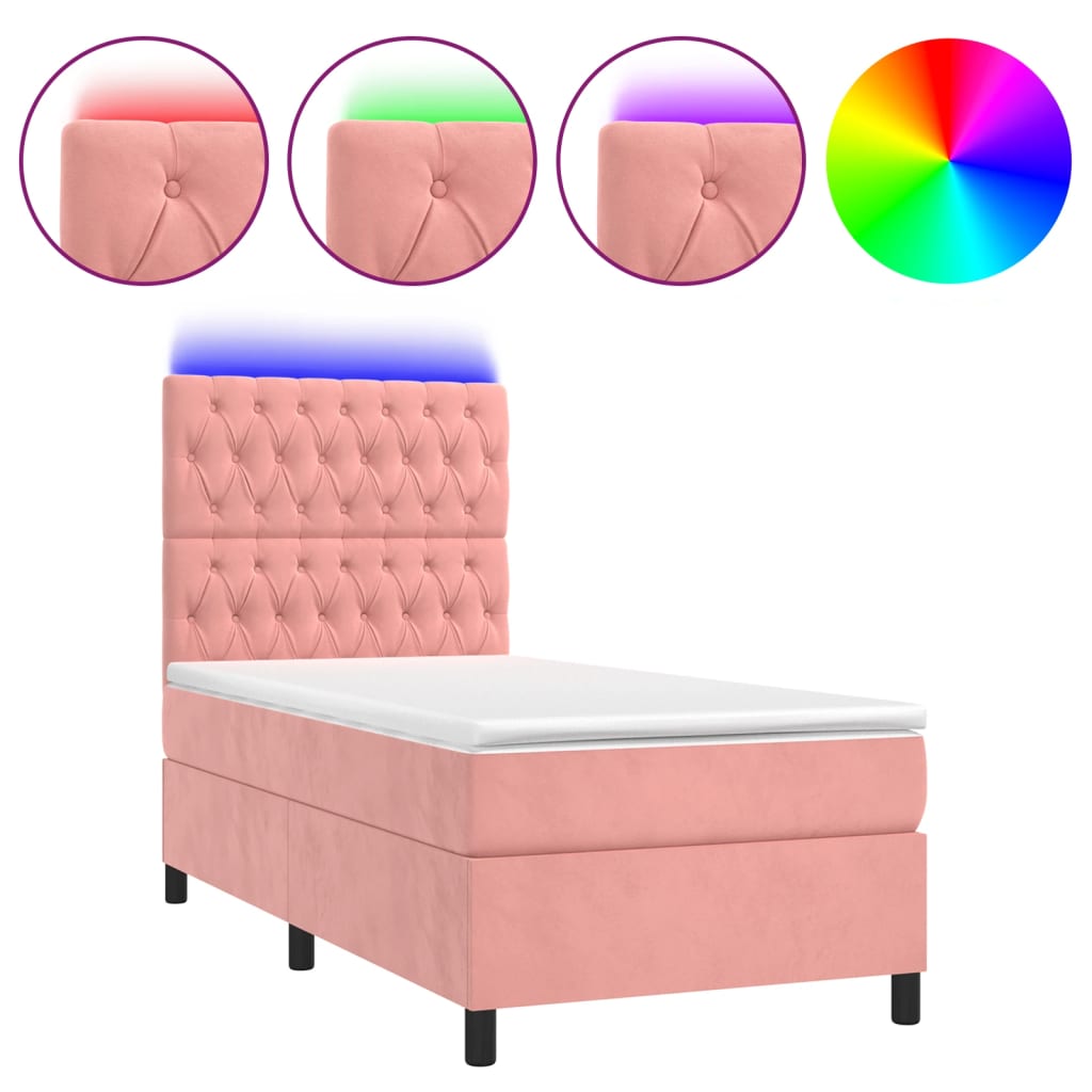 Letto a Molle con Materasso e LED Rosa 90x190 cm in Velluto 3136280