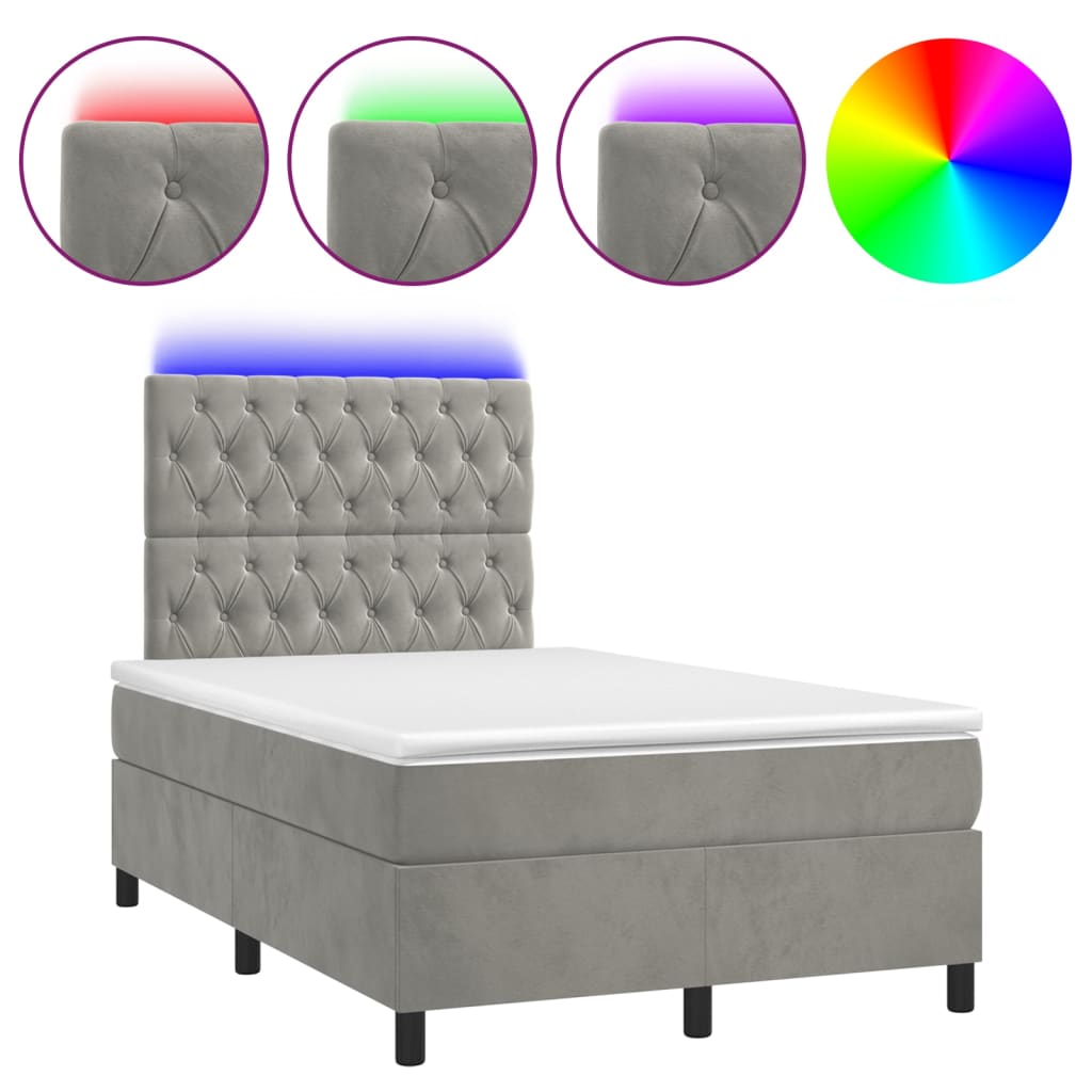 Letto a Molle Materasso e LED Grigio Chiaro 120x200 cm Velluto 3136293