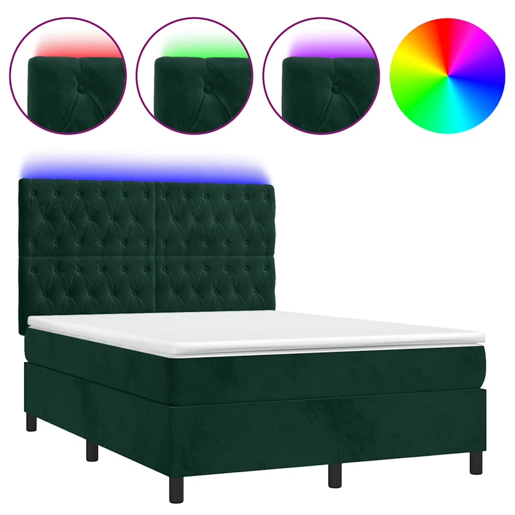 Letto a Molle con Materasso e LED Verde Scuro 140x200cm Velluto 3136308