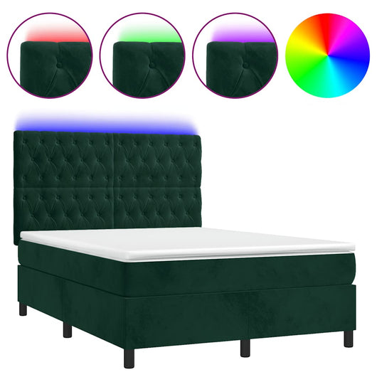 Letto a Molle con Materasso e LED Verde Scuro 140x200cm Velluto 3136308