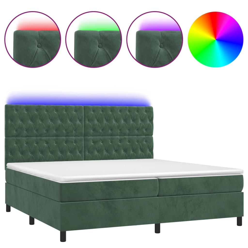 Letto a Molle con Materasso e LED Verde Scuro 200x200cm Velluto 3136326
