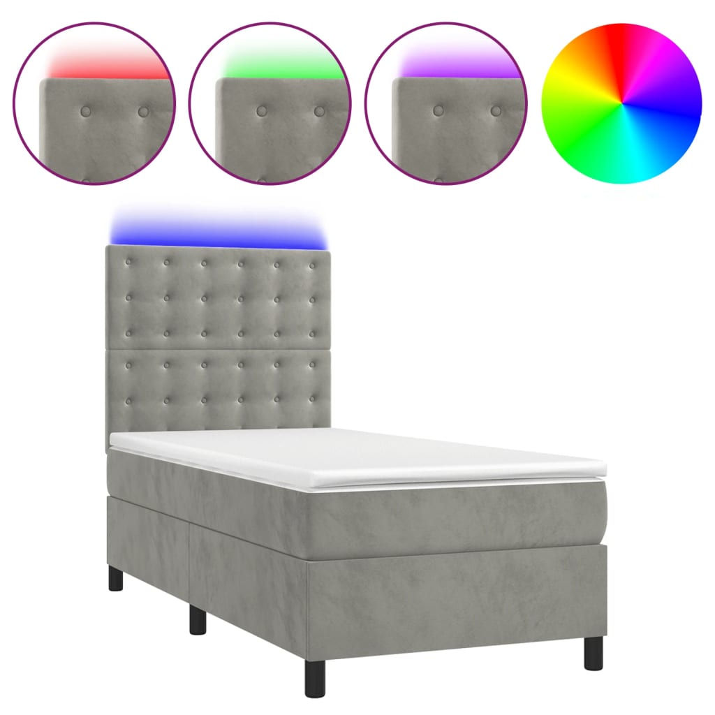 Letto a Molle Materasso e LED Grigio Chiaro 100x200 cm Velluto 3136347