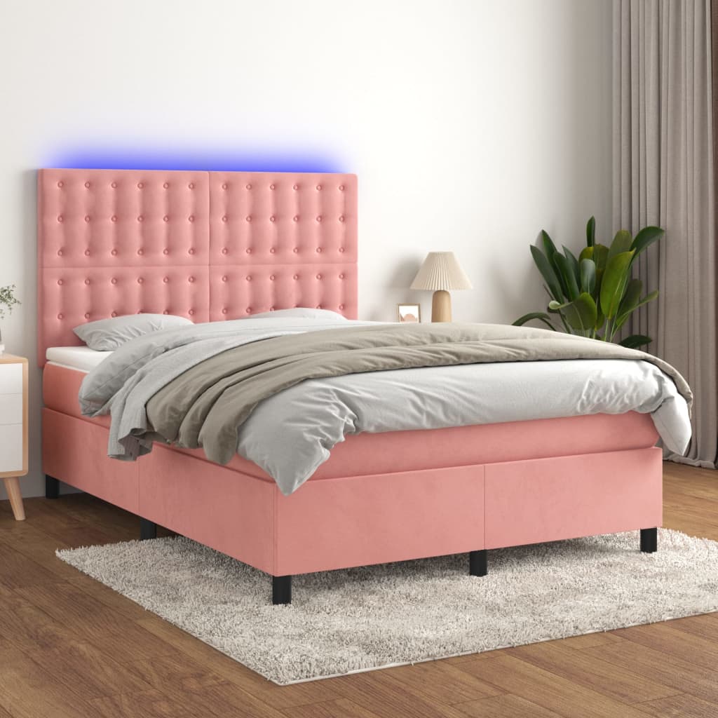 Letto a Molle con Materasso e LED Rosa 140x190 cm in Velluto 3136364