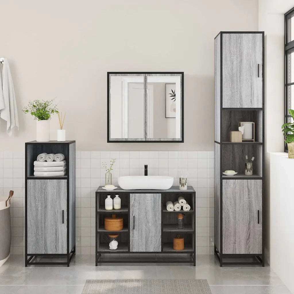 Set Mobili da Bagno 3 pz Grigio Sonoma in Legno Multistrato 3300973
