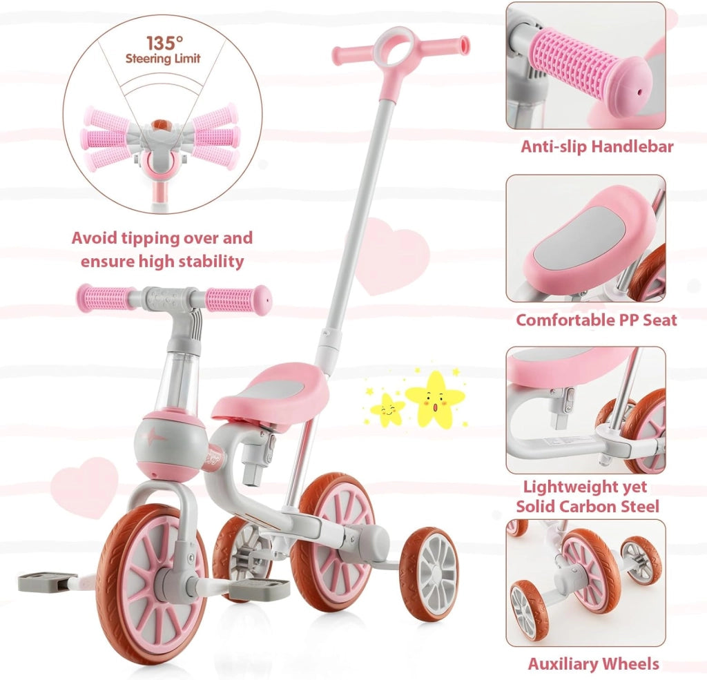 4 in 1 Triciclo Evolutivo per Bambini, Bicicletta Bambini con Manico a Spinta Regolabile in 4 Posizioni, Sellino in 2 Posizioni, Pedali Rimovibili, per Bambini e Bambine da 1 Anno + (Rosa)
